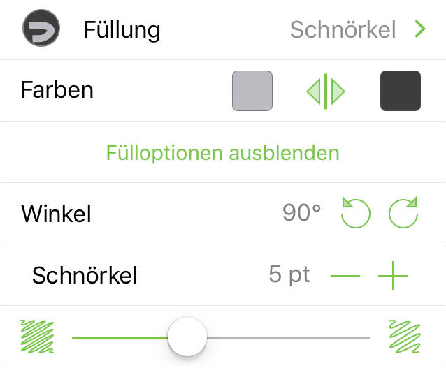Das Informationsfenster „Füllung“, in dem „Schnörkel“ ausgewählt ist