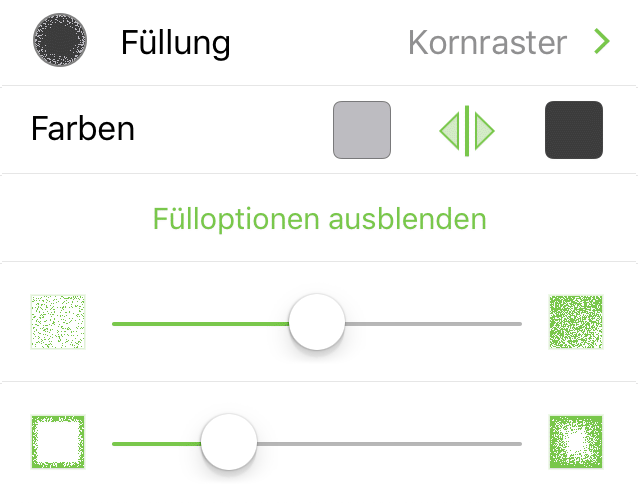 Das Informationsfenster „Füllung“, in dem „Kornraster“ ausgewählt ist