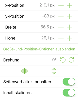 Das Informationsfenster „Größe und Position“
