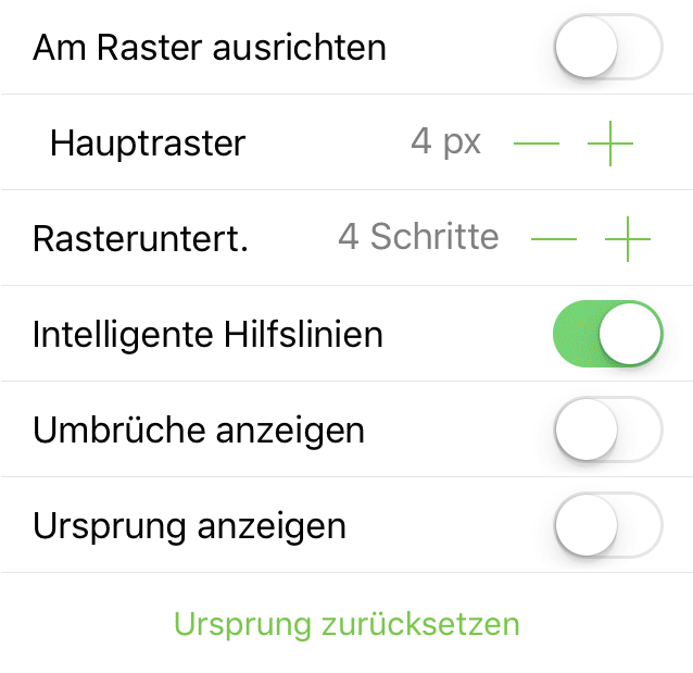 Das Informationsfenster „Raster und Hilfslinien“