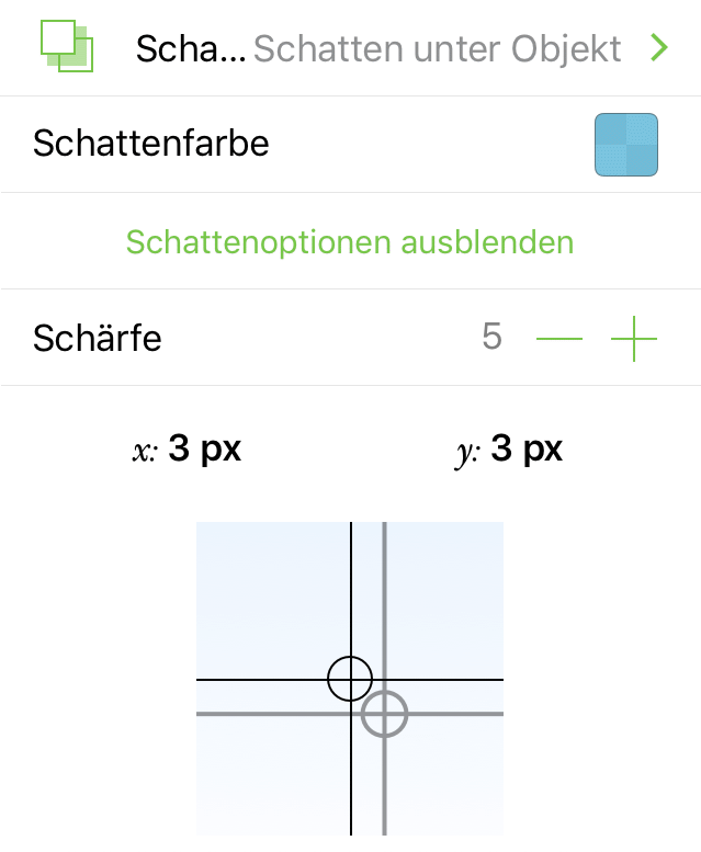 Das Informationsfenster „Schatten“, in dem Steuerelemente zum Anpassen des Schattenabstands und der Farbe angezeigt werden