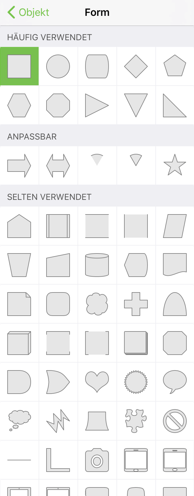 Das seitliche Fenster „Formen“