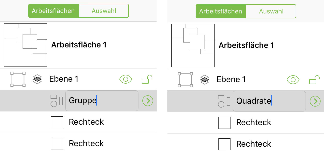 Durch Umbenennen eines Objekts oder einer Ebene in der Seitenleiste wird die Tastatur aufgerufen, damit Sie einen neuen Namen eingeben können.