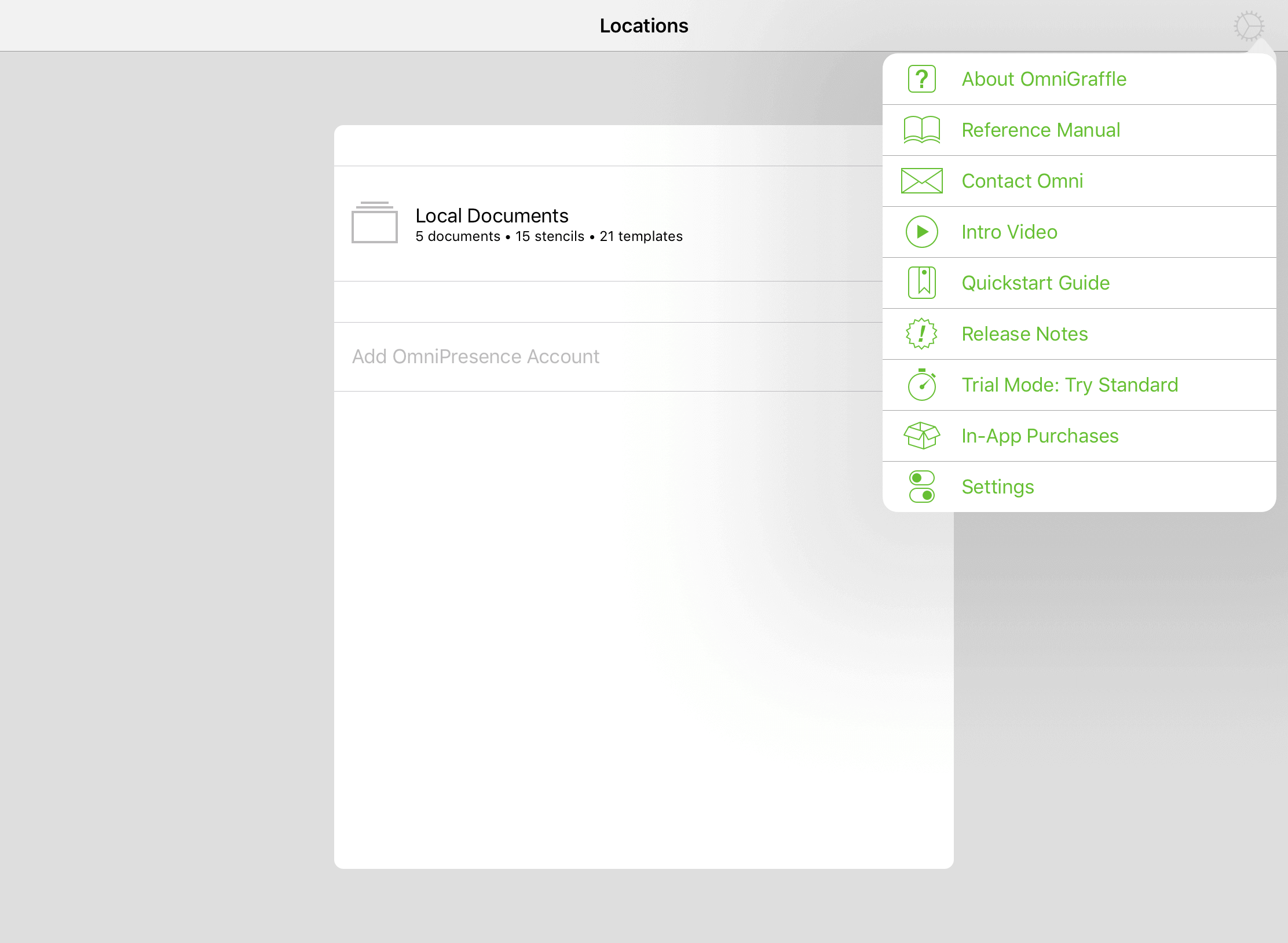 The Locations screen, with the app menu open