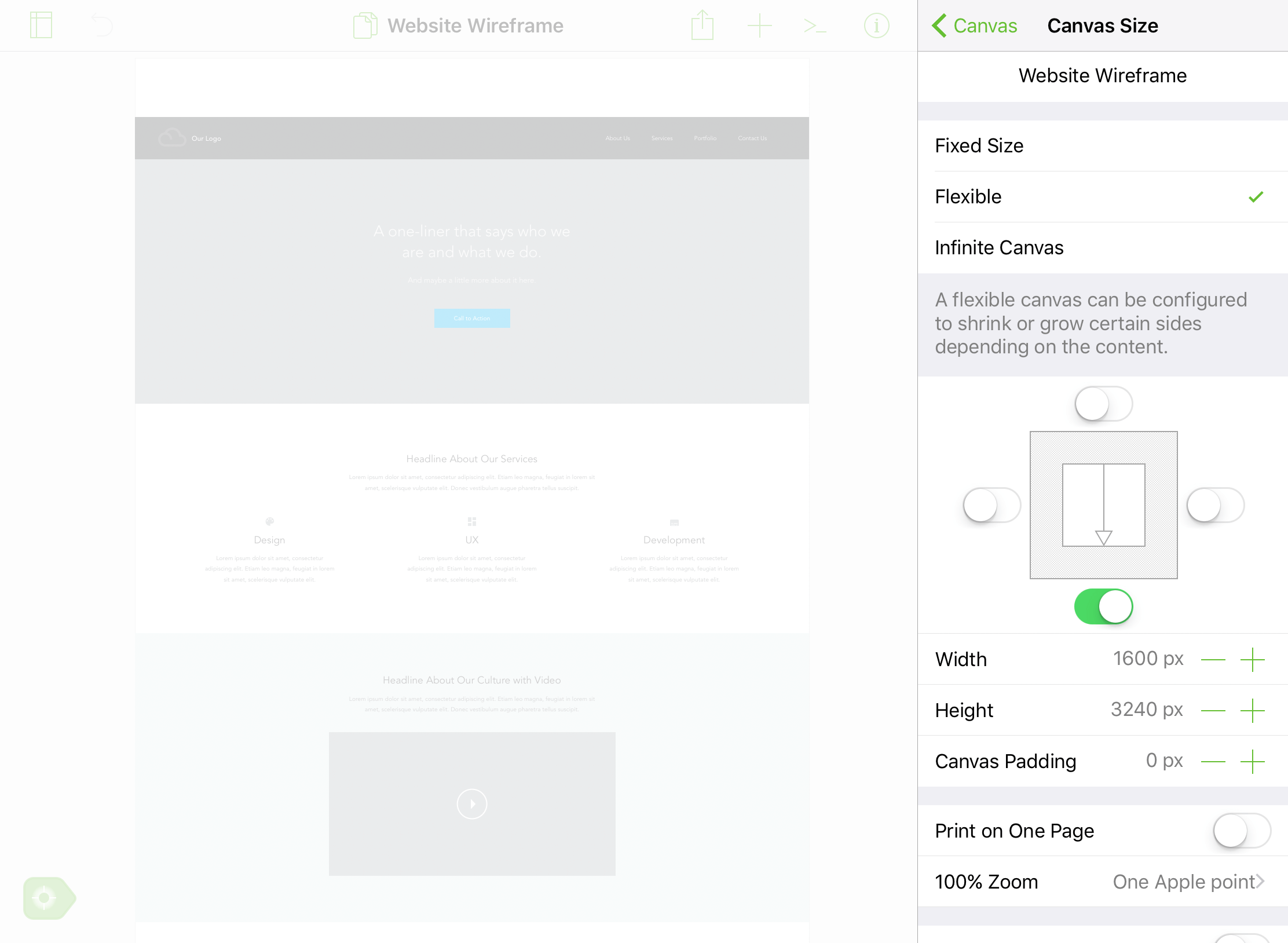 The Canvas Inspectors, open to the Canvas Size inspector