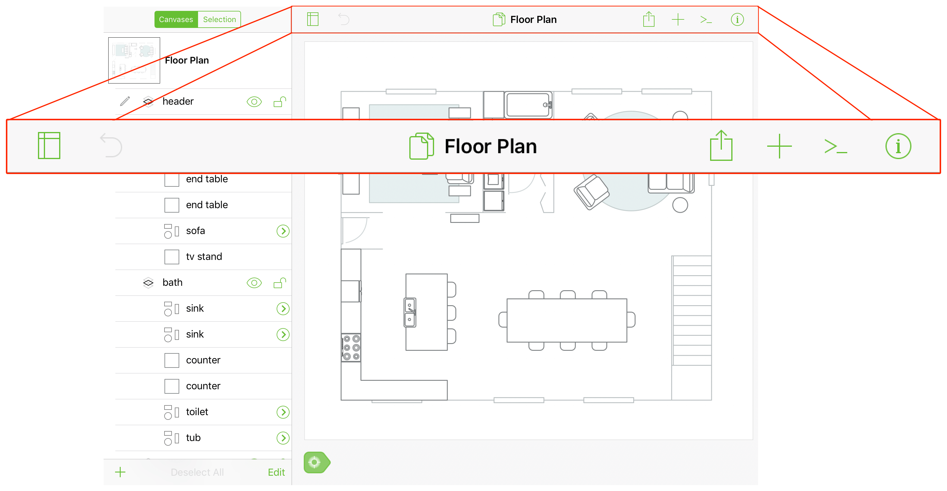 An image of OmniGraffle on iPad, with the document toolbar isolated and made to appear bigger in an exploded view.