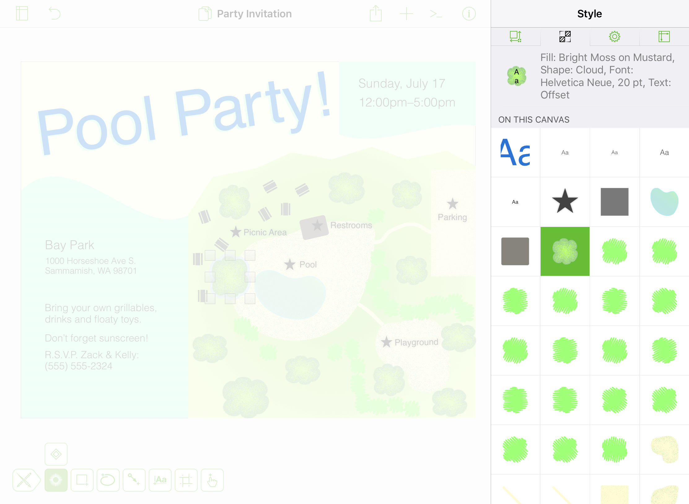 The Style Inspector, as viewed on iPad, showing the style properties of an object selected on the canvas, as well as those of other objects on the samem canvas.