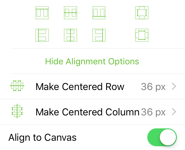 The Alignment inspector, when aligning objects to the canvas