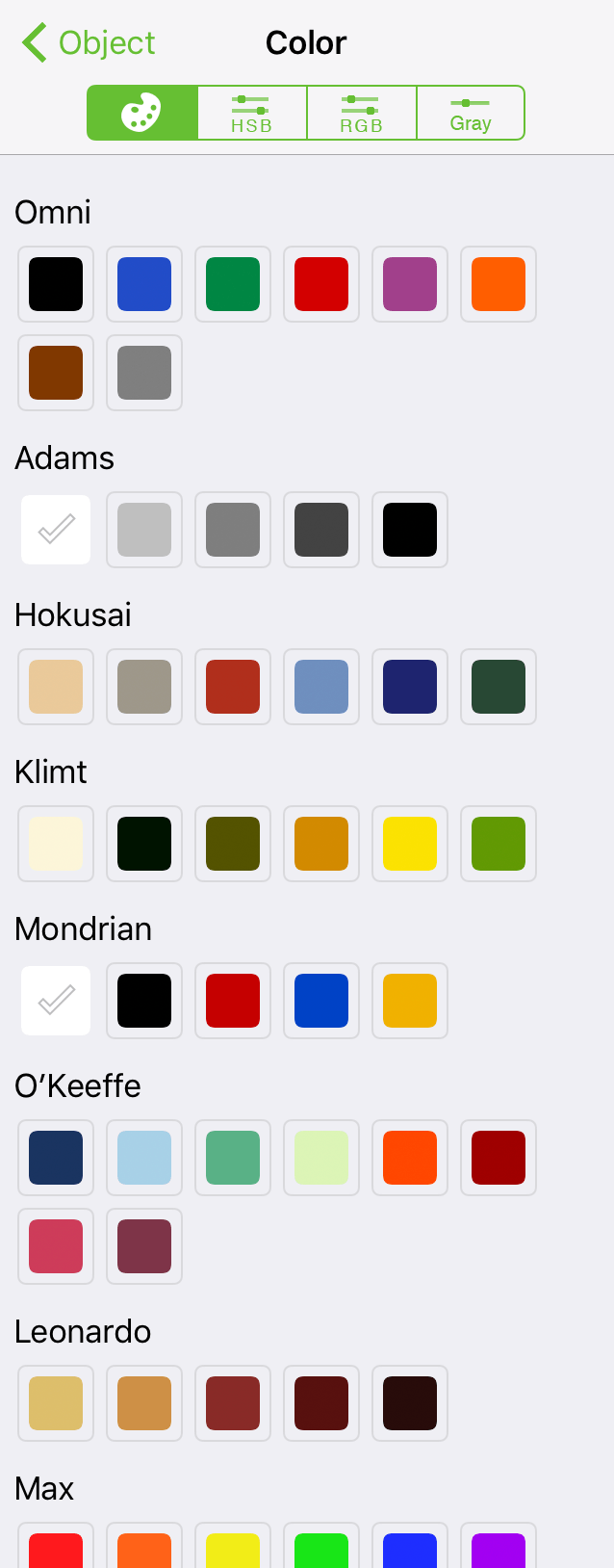 The Color Palettes, as shown in the Inspector bar