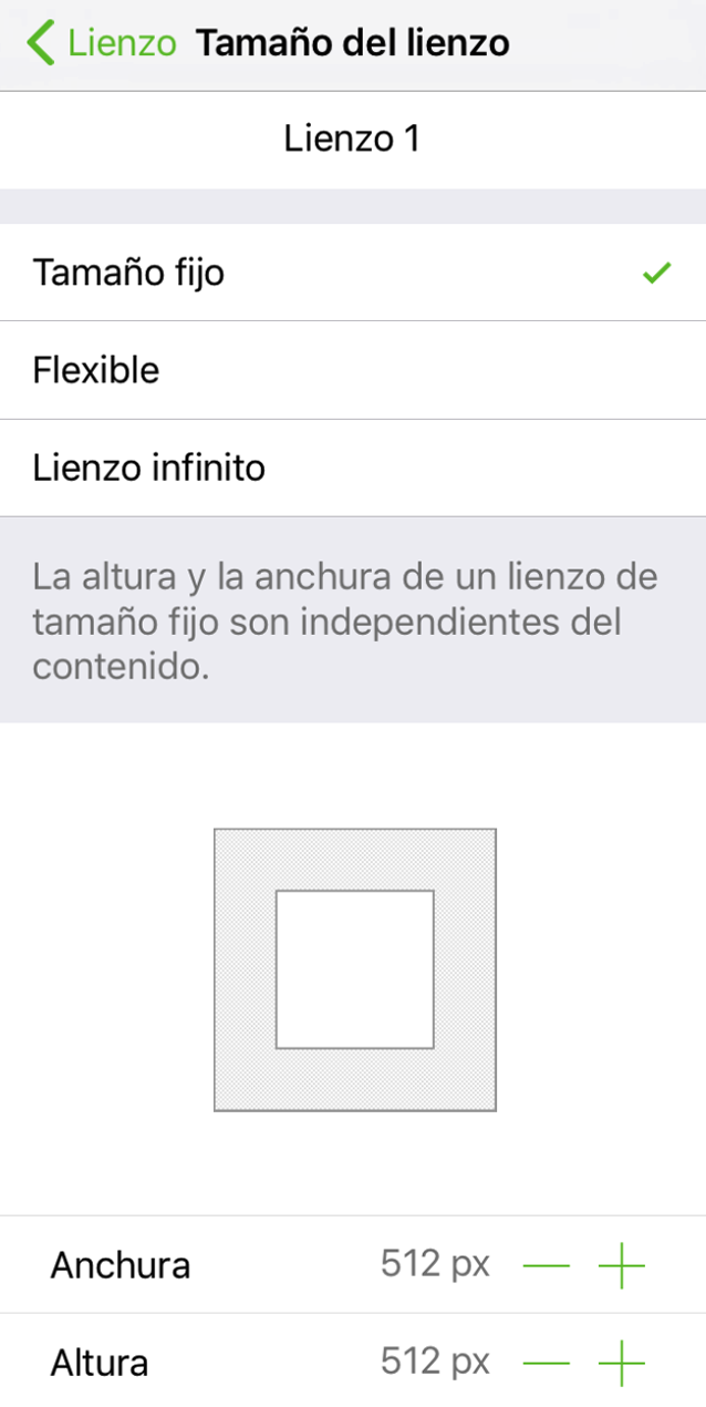 El inspector de tamaño del lienzo, configurado para un lienzo de tamaño fijo