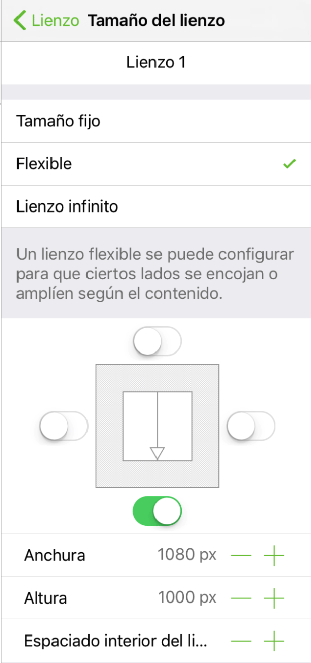 El inspector de tamaño del lienzo, configurado a un tamaño flexible