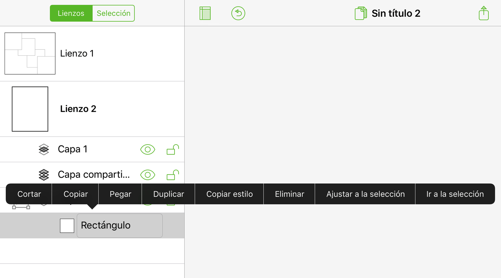 El menú contextual de un objeto seleccionado en la barra lateral