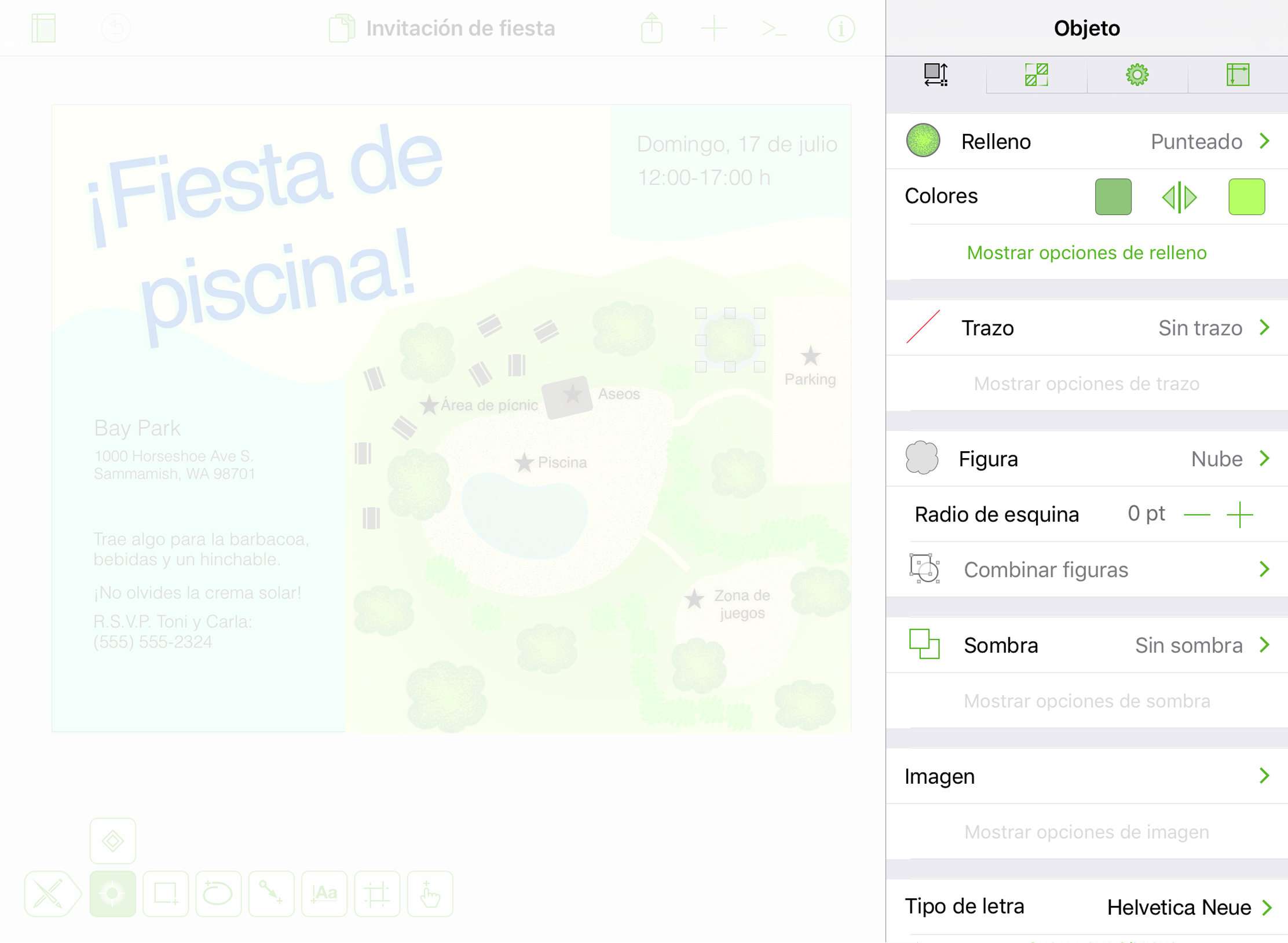 La barra del Inspector, como se ve en el iPad, ocupa el margen derecho de la pantalla.