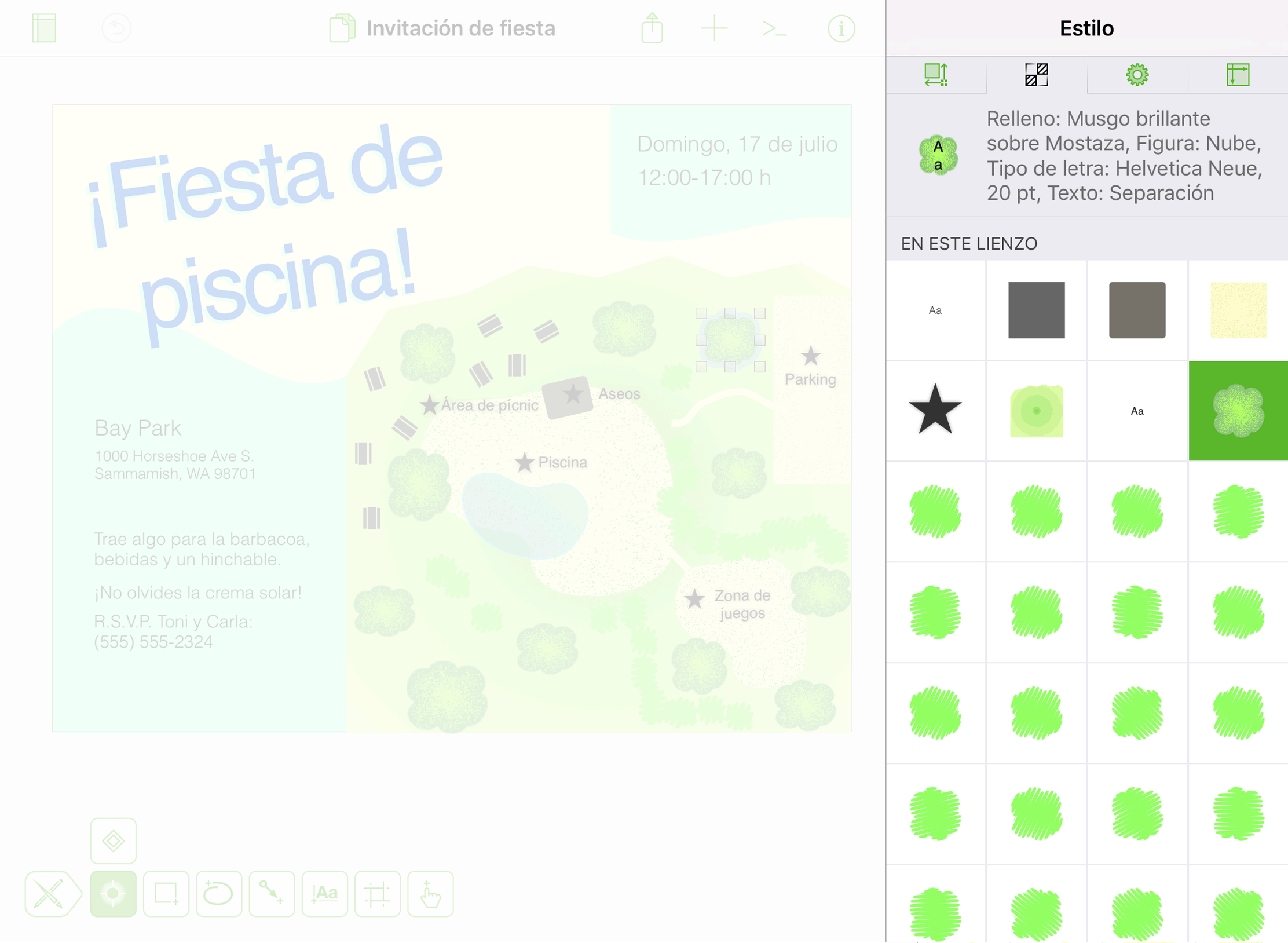 El inspector de Estilo, como se ve en el iPad, mostrando las propiedades de estilo de un objeto seleccionado en el lienzo y las de otros objetos del mismo lienzo.