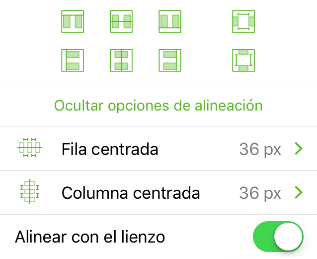 El inspector Alineación, al alinear objetos al lienzo