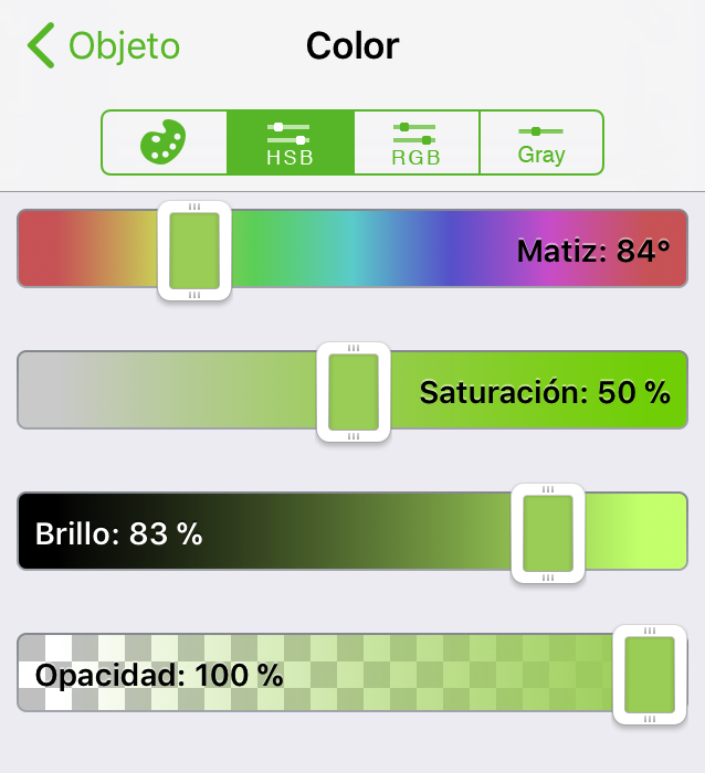 Los controles de color de matiz, saturación y brillo (HSB)