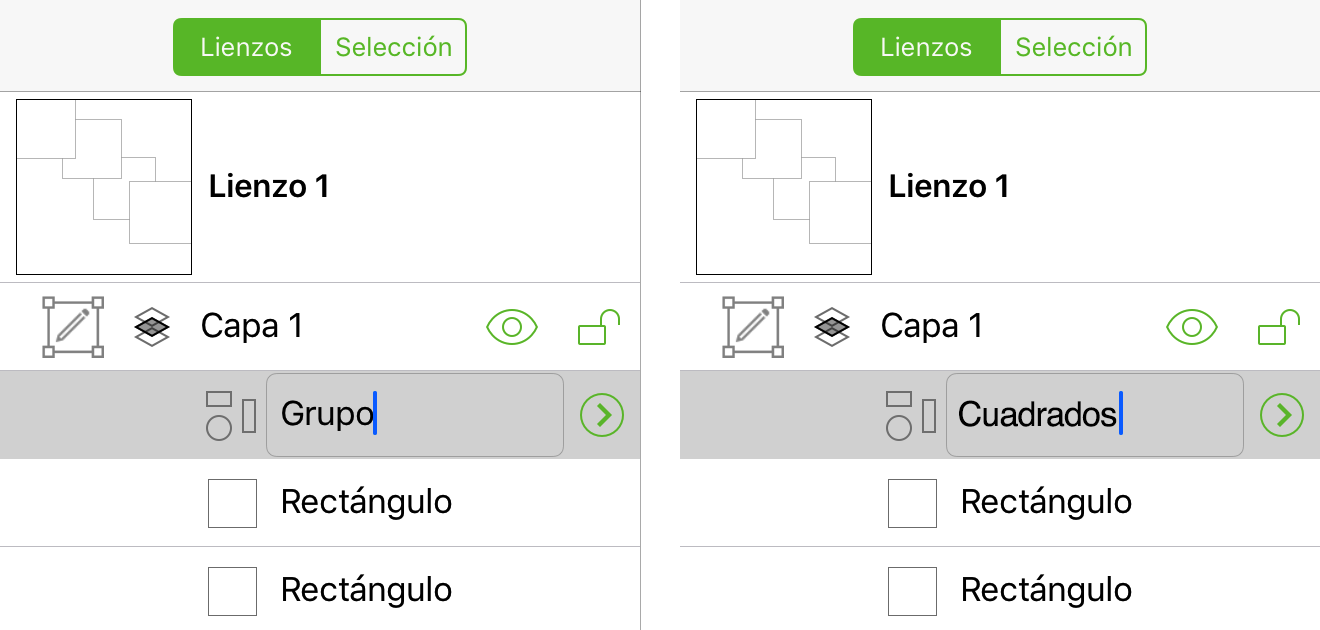 Cambiar el nombre de un objeto o una capa en la barra lateral hace que aparezca el teclado para que puedas escribir el nombre nuevo.