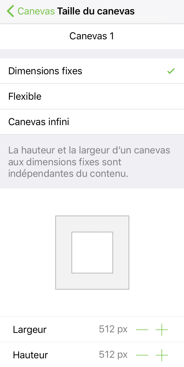 Inspecteur Taille du canevas avec canevas réglé sur Dimensions fixes