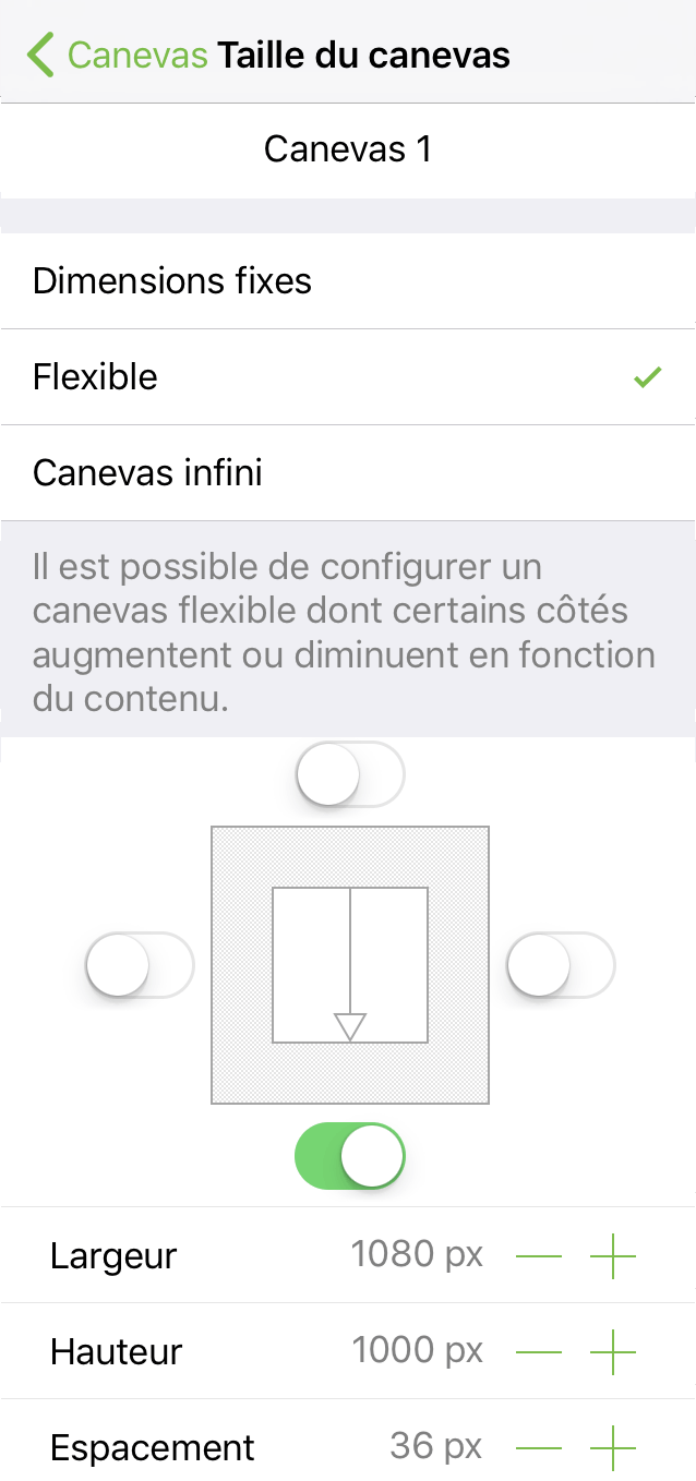 Inspecteur Taille du canevas avec canevas réglé sur Flexible