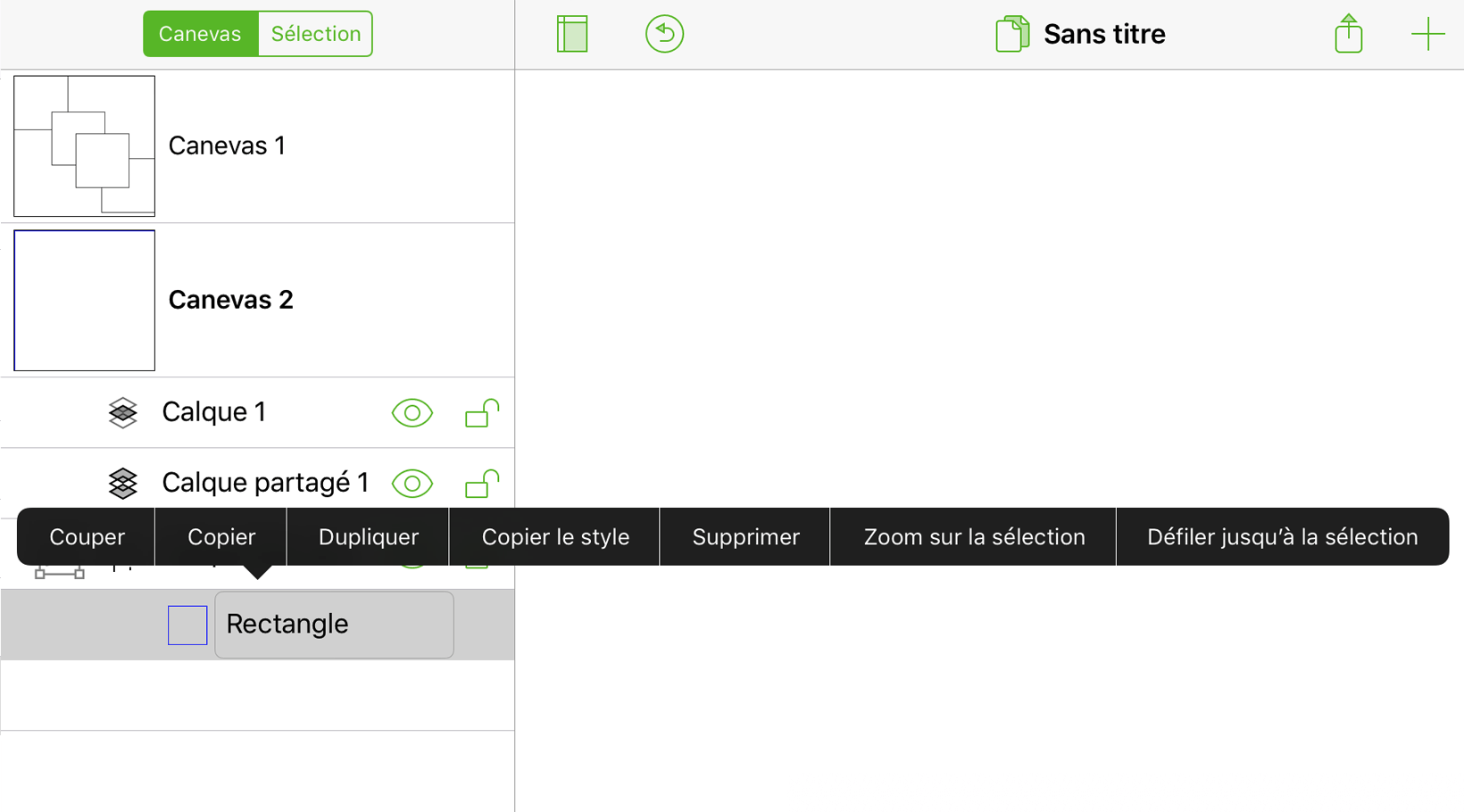 Menu contextuel d'un objet sélectionné dans la barre latérale