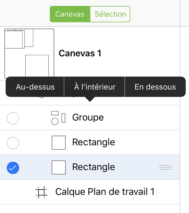 Menu contextuel affiché pour le déplacement d'objets dans la barre latérale en mode d'édition