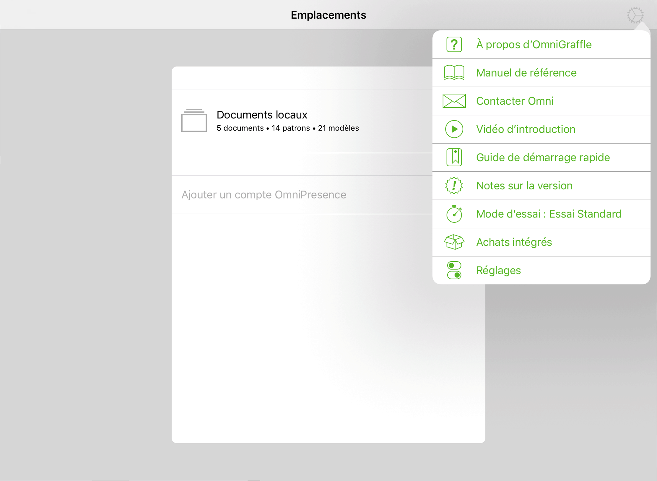 Écran Emplacements avec menu Application ouvert