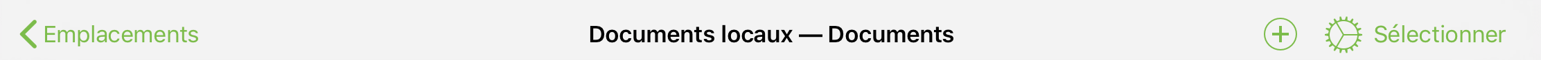 Barre d'outils visible en haut de l'écran de votre appareil lorsque vous affichez le contenu d'un dossier dans le navigateur de documents d’OmniGraffle.