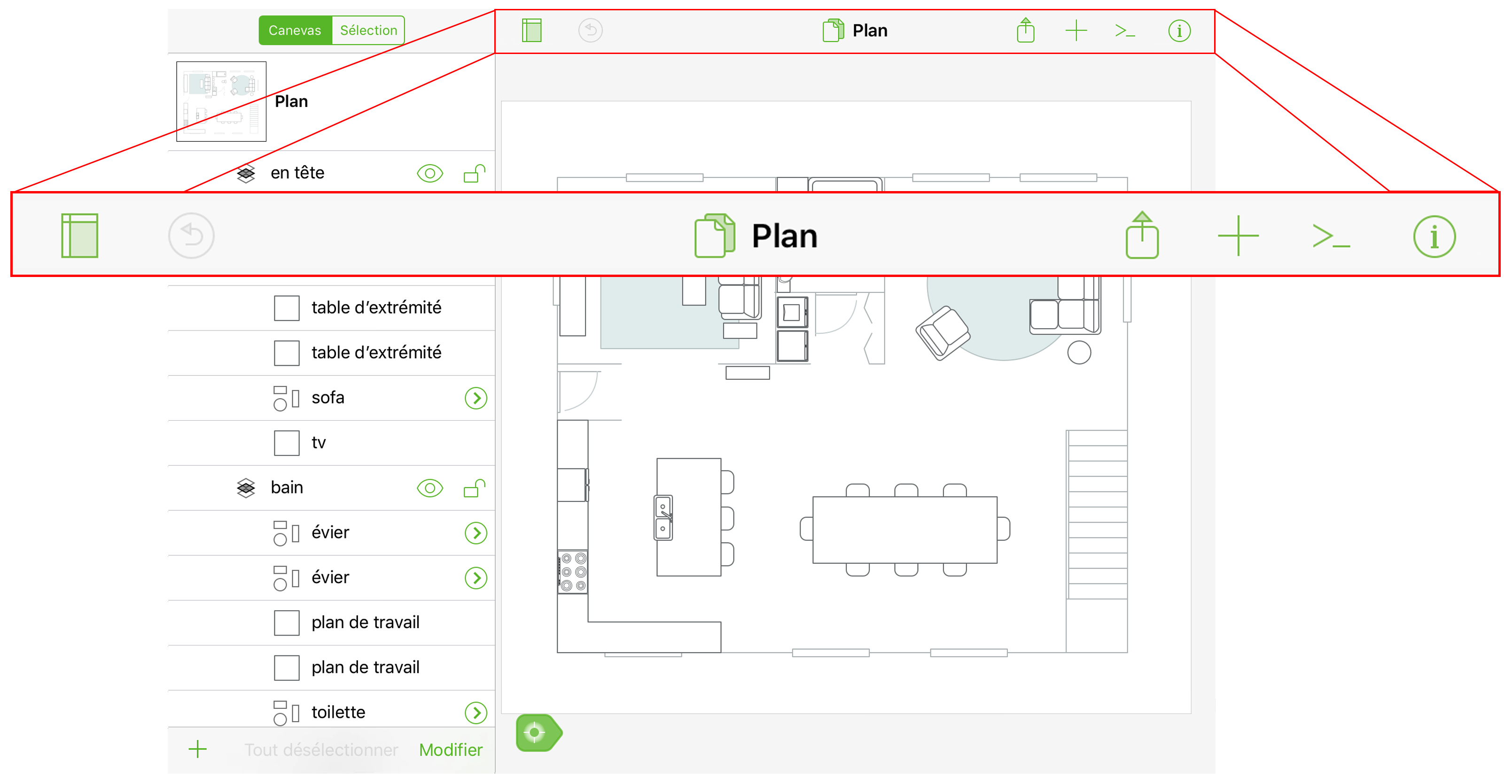 Image d’OmniGraffle sur iPad, avec barre d'outils de document isolée et agrandie en vue éclatée.
