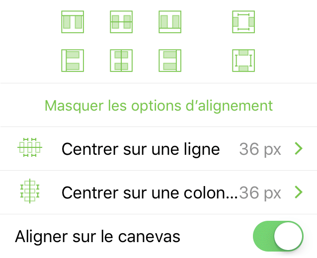 Inspecteur Alignement lors de l'alignement d'objets sur le canevas