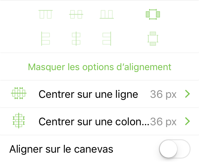 Inspecteur Alignement lors de l'alignement d'objets les uns par rapport aux autres