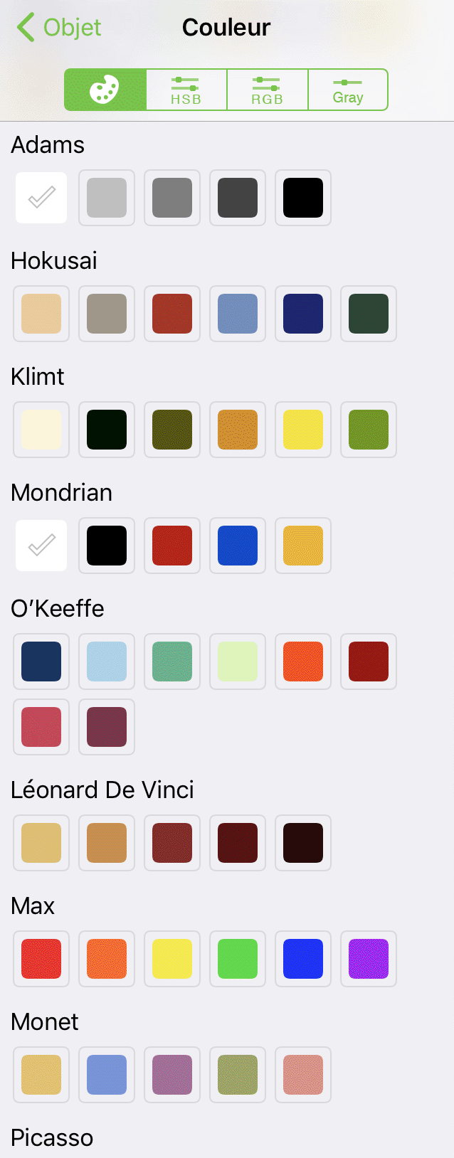 Palettes de couleurs affichées dans la barre des inspecteurs