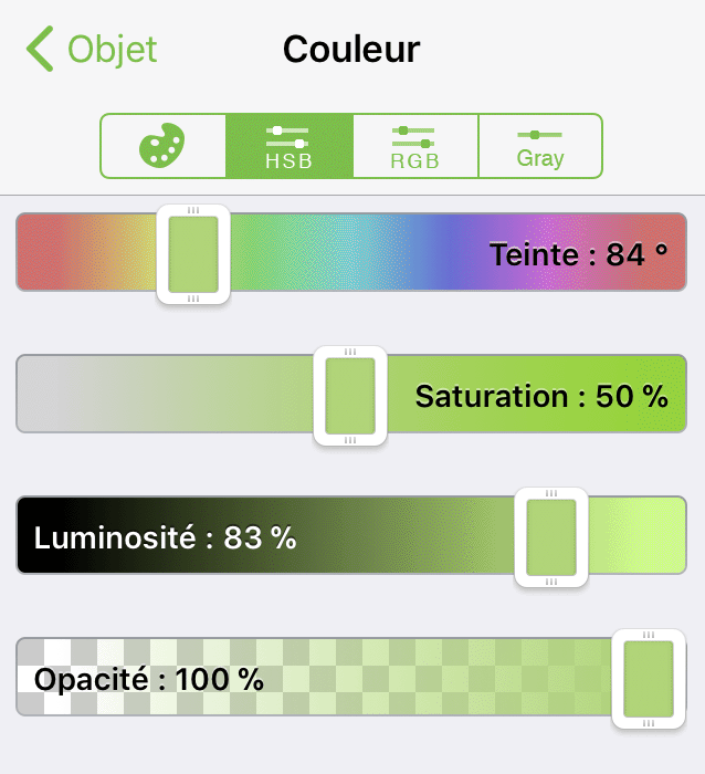 Commandes de couleur Teinte, Saturation et Luminosité