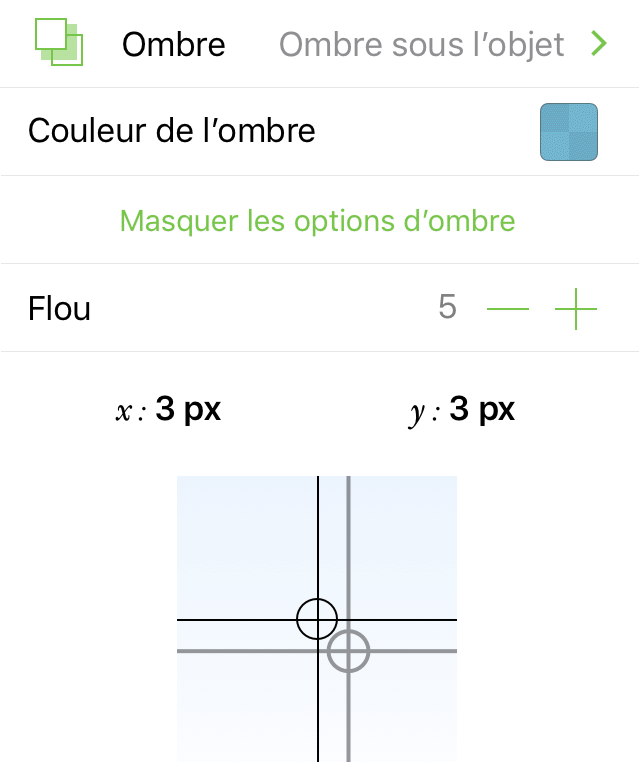 Inspecteur Ombre avec commande de réglage de la couleur et du décalage de l'ombre