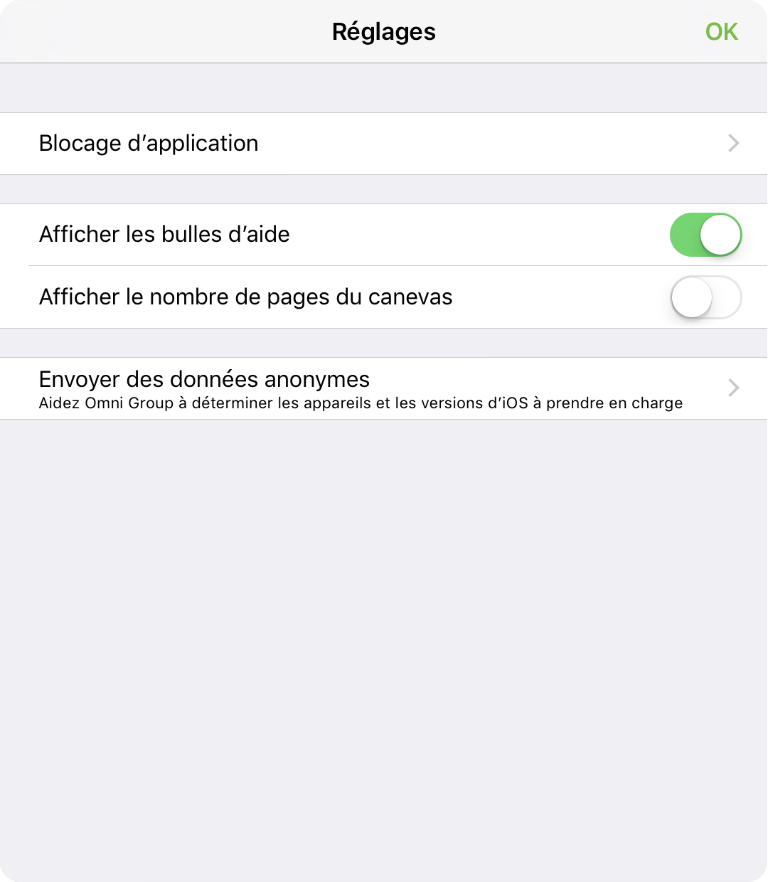 La sous-fenêtre Réglages vous permet de configurer des préférences supplémentaires pour OmniGraffle.