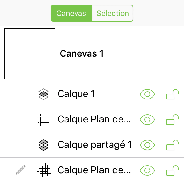 Barre latérale avec quatre calques différents dont un calque normal, un calque Plan de travail, un calque Plan de travail partagé et un calque partagé.