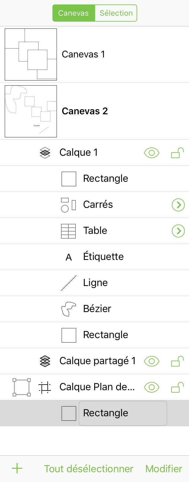 Objet sélectionné dans la barre latérale
