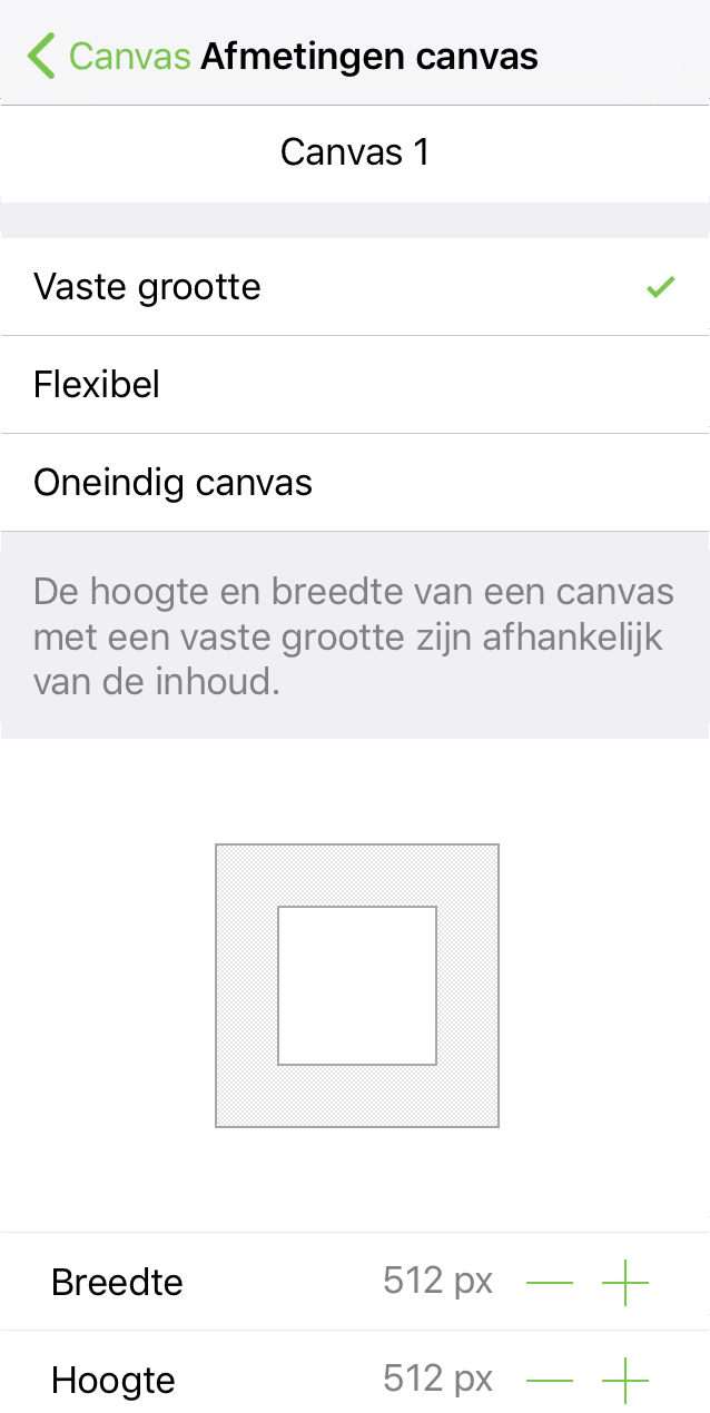 Het infovenster Canvasgrootte, ingesteld op een canvas met vaste grootte