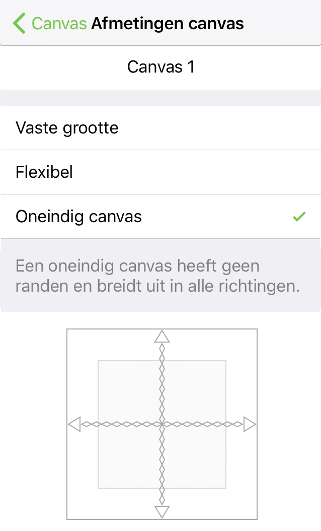 Het infovenster Canvasgrootte, ingesteld op een oneindig canvas