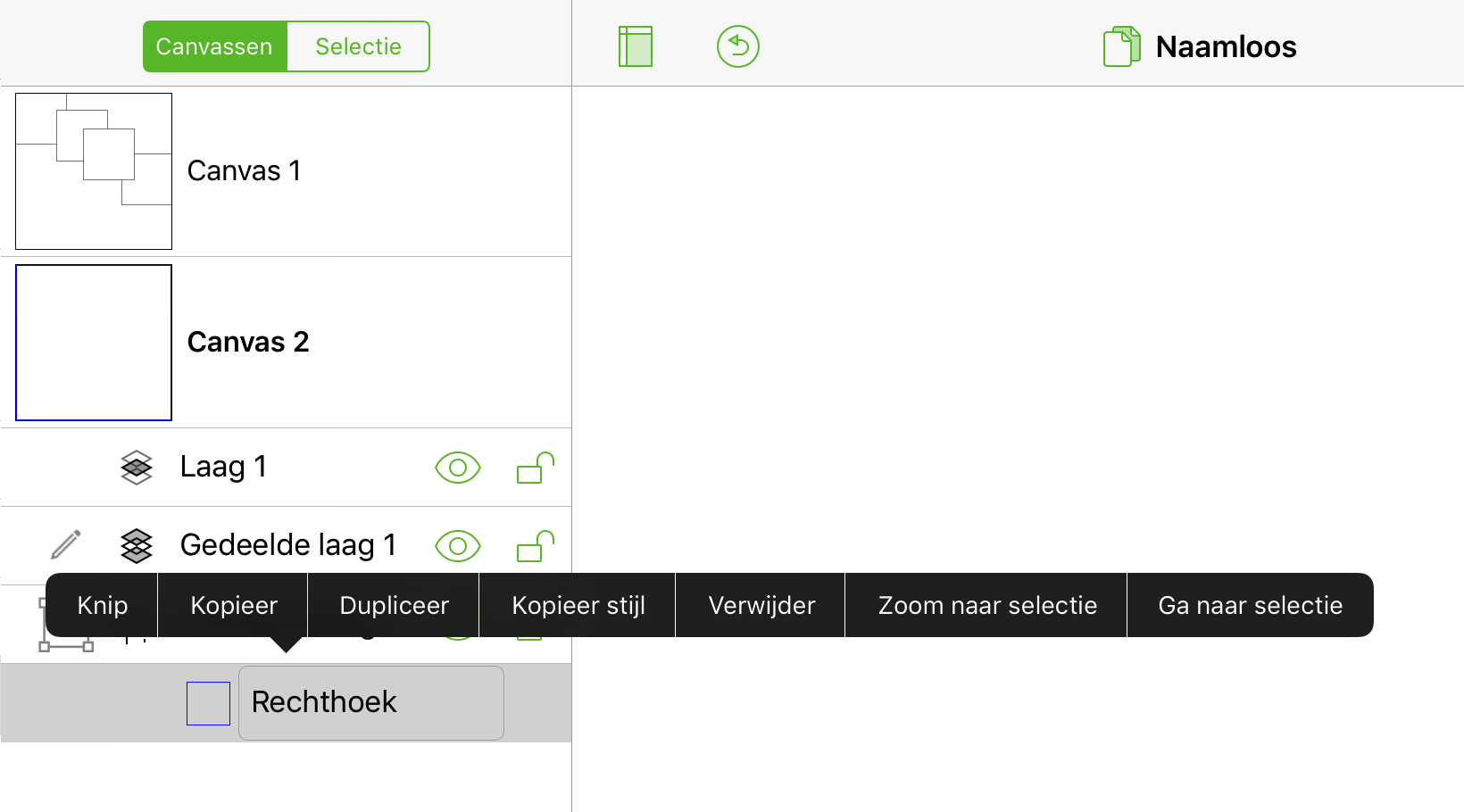 Het contextmenu voor een object dat is geselecteerd in de zijbalk