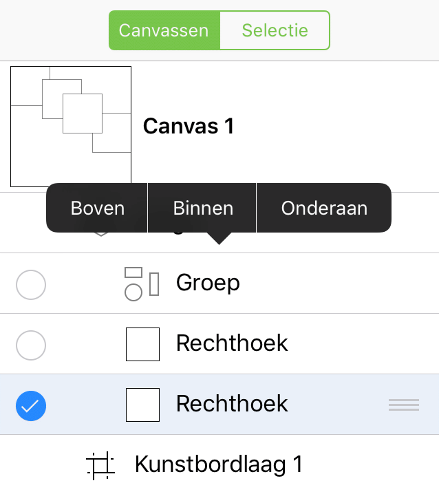 Het contextmenu dat verschijnt wanneer objecten in de zijbalk verplaatsen terwijl u in de bewerkingsmodus bent