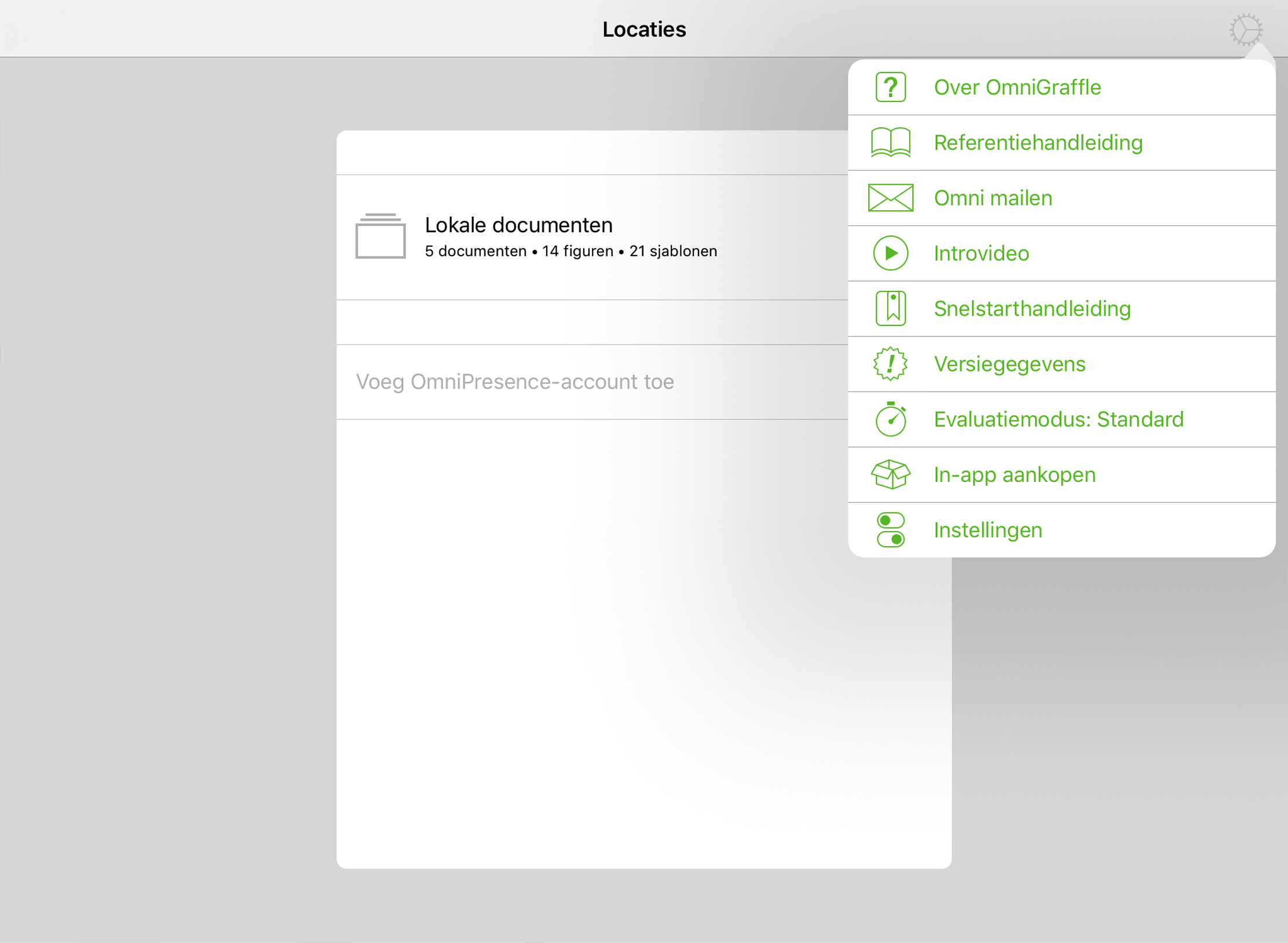 Het scherm Locaties met geopend app-menu