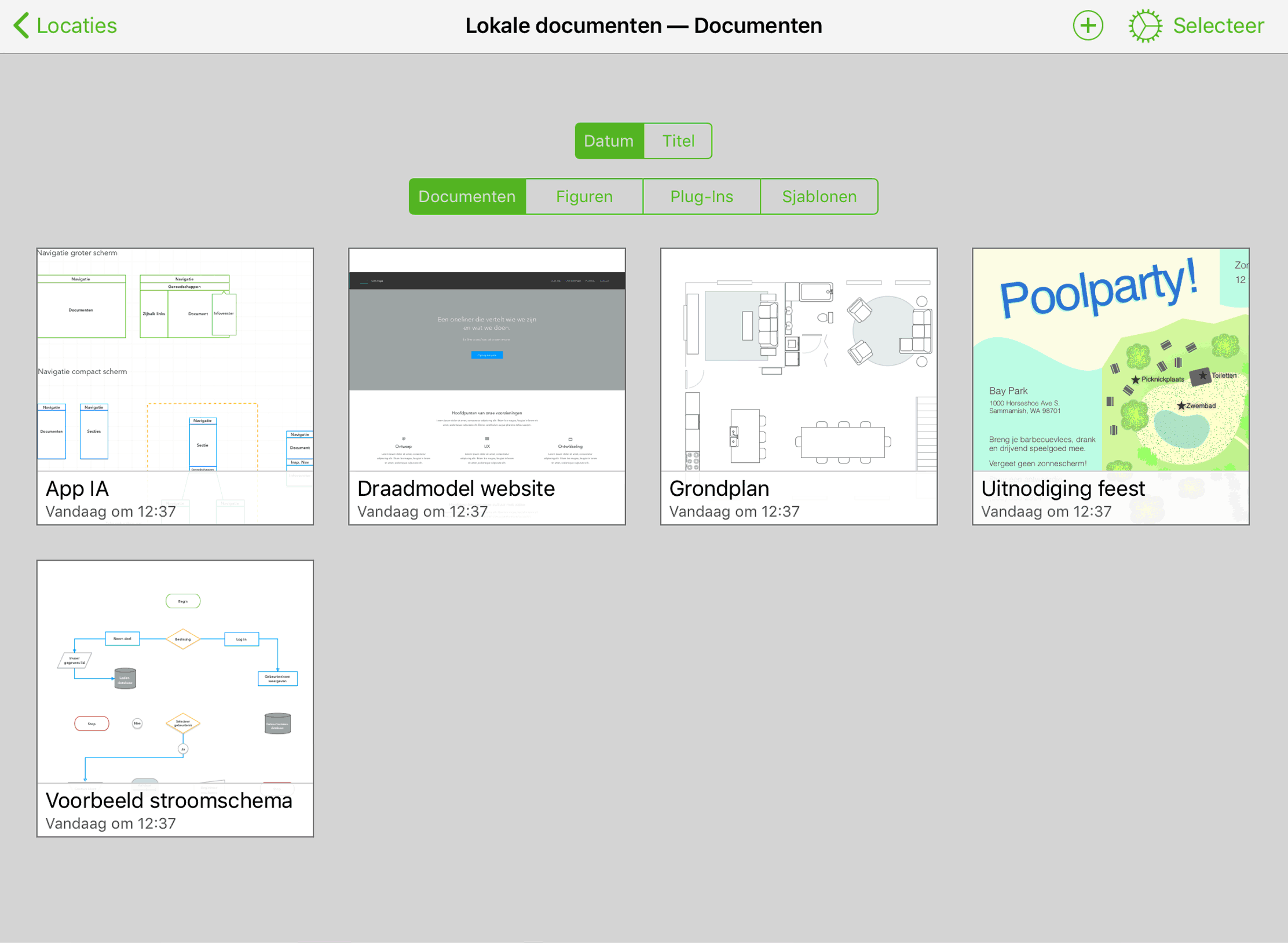 Gebruik de Documentsorteerder voor het zoeken van OmniGraffle-bestanden en plug-ins voor Omni-automatisering.