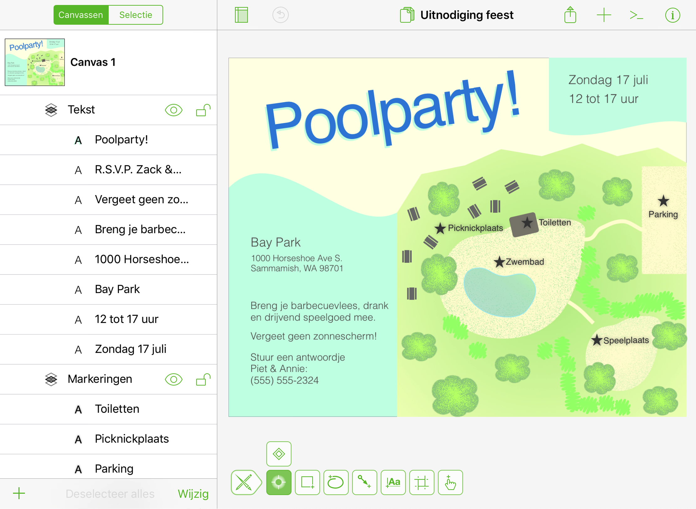 Het canvas met de navigatiezijbalk open aan de linkerzijde.