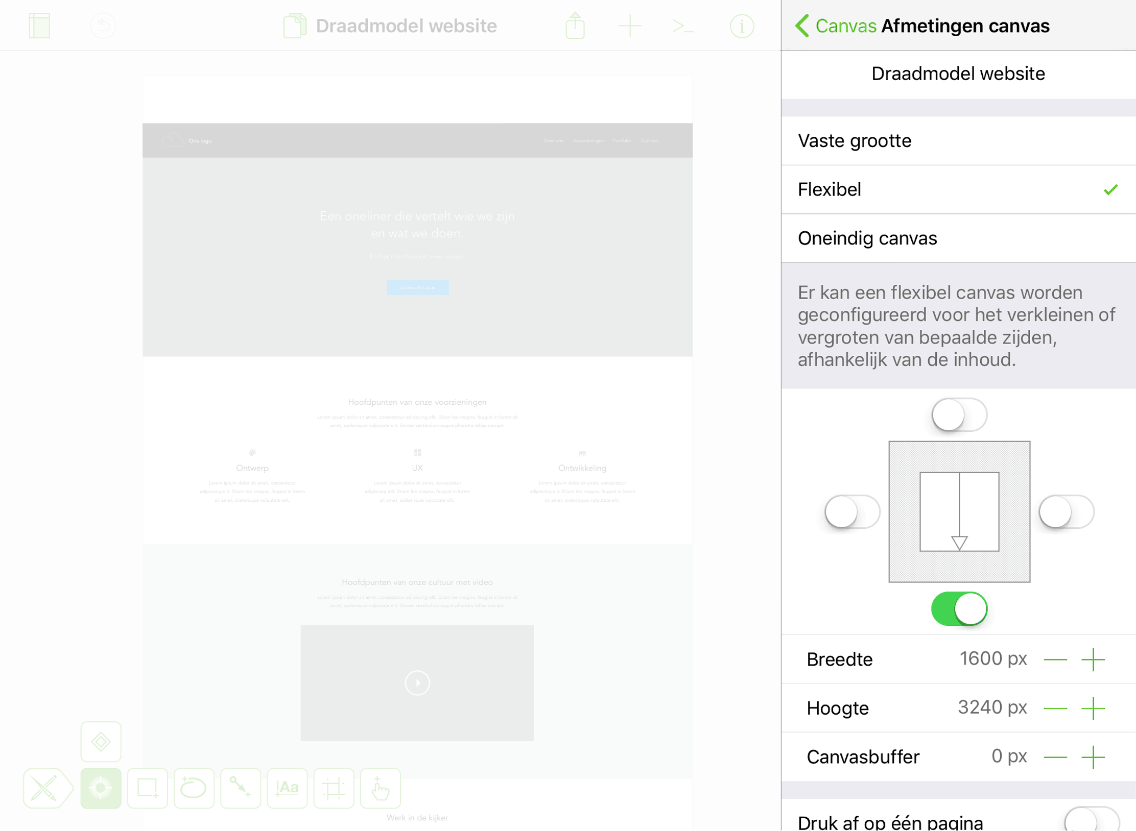 De Canvas-infovensters, openen naar het infovenster Canvasgrootte