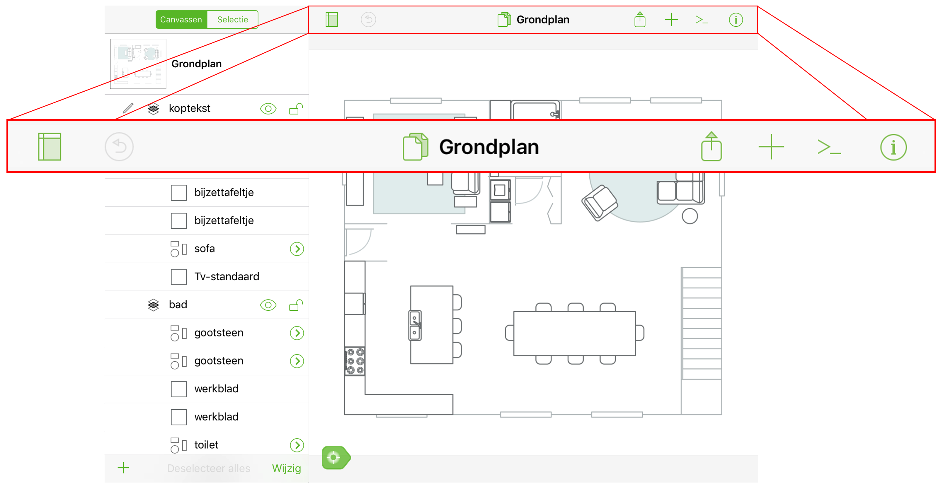 Een afbeelding van OmniGraffle op iPad, met de documentknoppenbalk geïsoleerd en zo opgemaakt dat deze groter wordt weergegeven in een opengewerkte weergave.