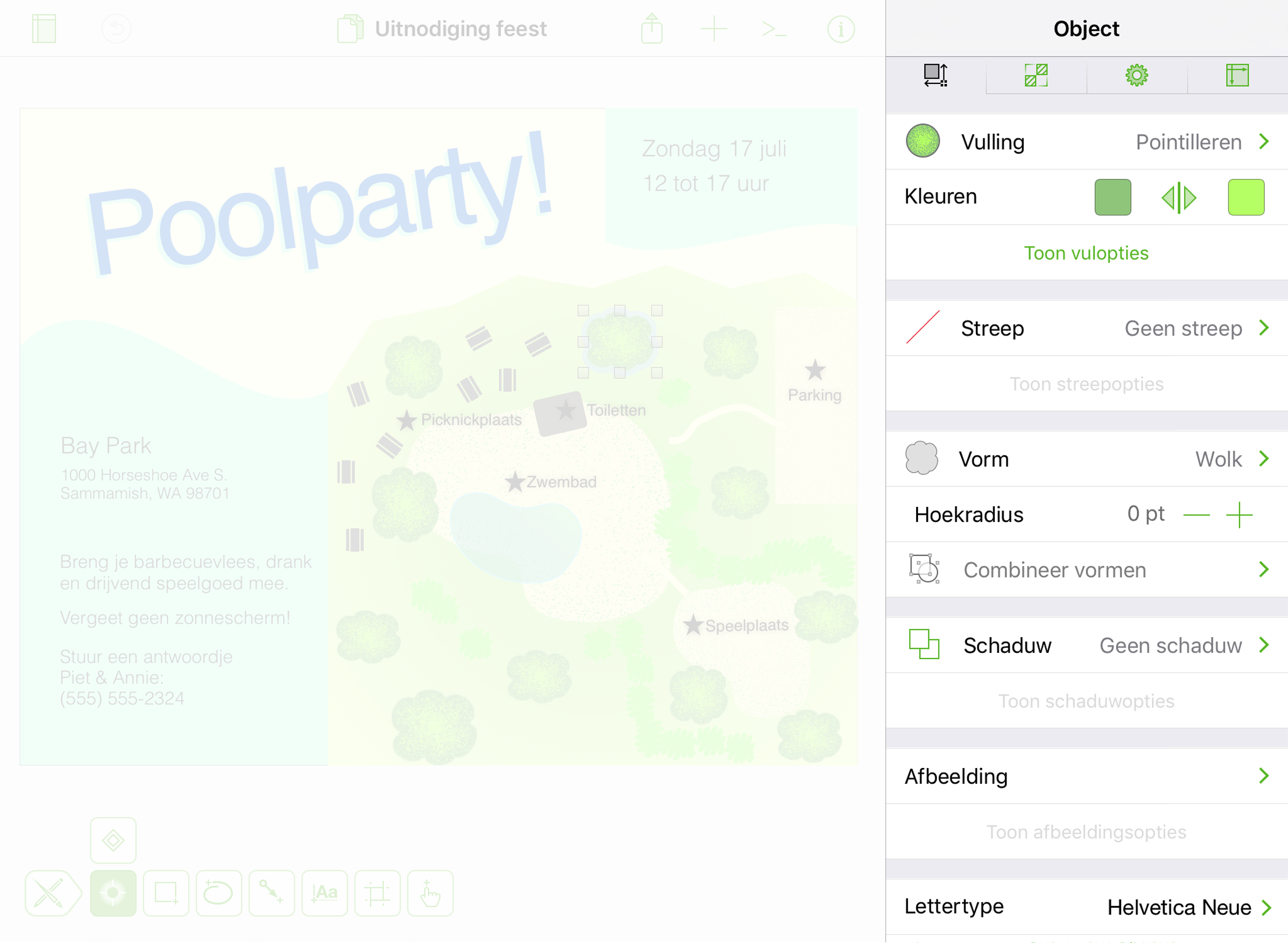 De Infovensterbalk, zoals weergegeven op de iPad, verschijnt langs de rechterrand van het scherm.