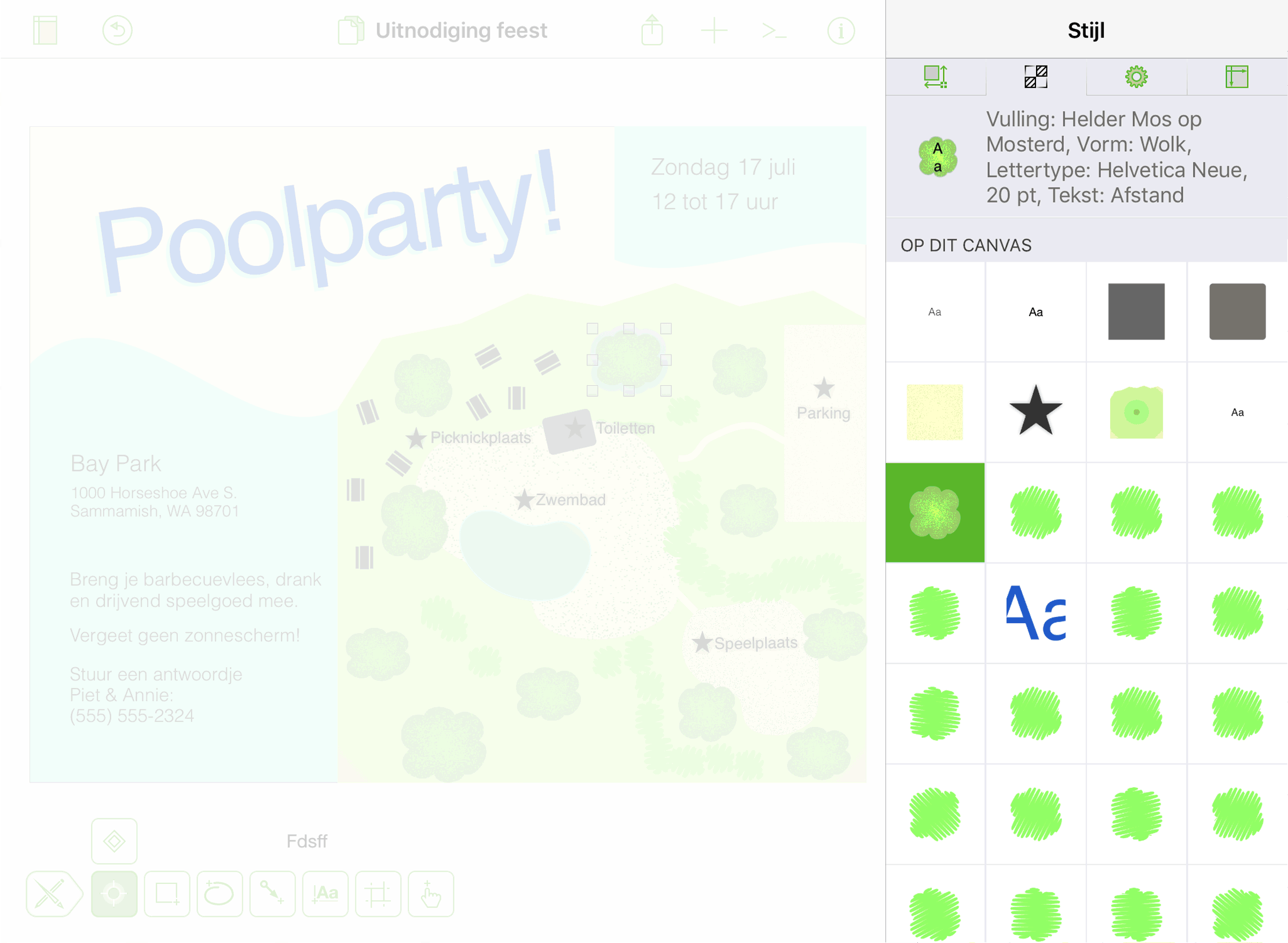 Het infovenster Stijl, zoals weergegeven op de iPad, met de stijleigenschappen van een object dat is geselecteerd op het canvas, en met deze van andere objecten op hetzelfde canvas.
