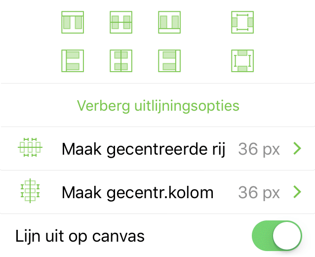 Het infovenster Uitlijning wanneer objecten op het canvas worden uitgelijnd.
