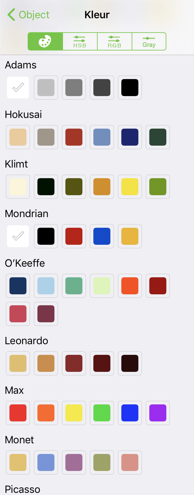 De kleurpaletten zoals weergegeven in de infovensterbalk