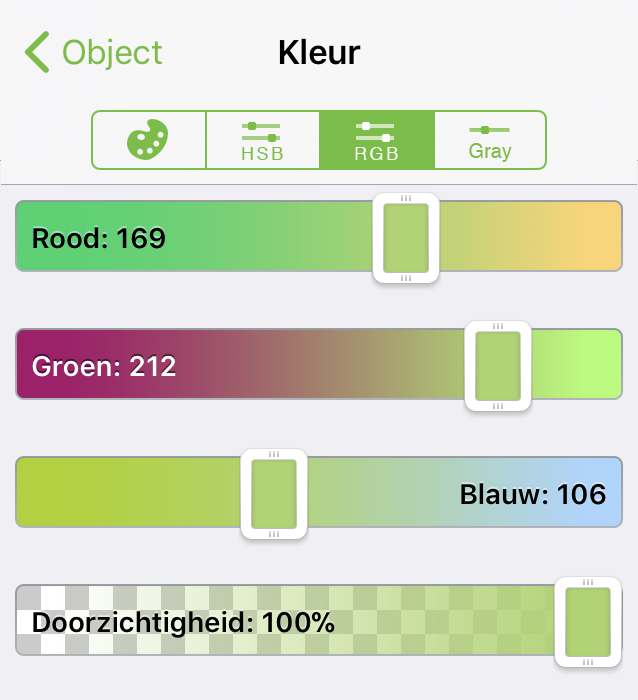 De kleurbedieningselementen Rood, Groen en Blauw